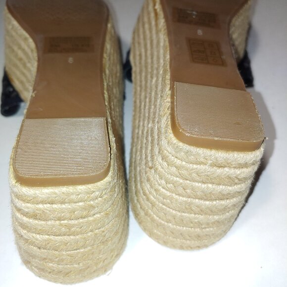 Tory Burch Black Perforated Slide Leather Espadrille Wedge Sandals Size 8 - Picture 10 of 10